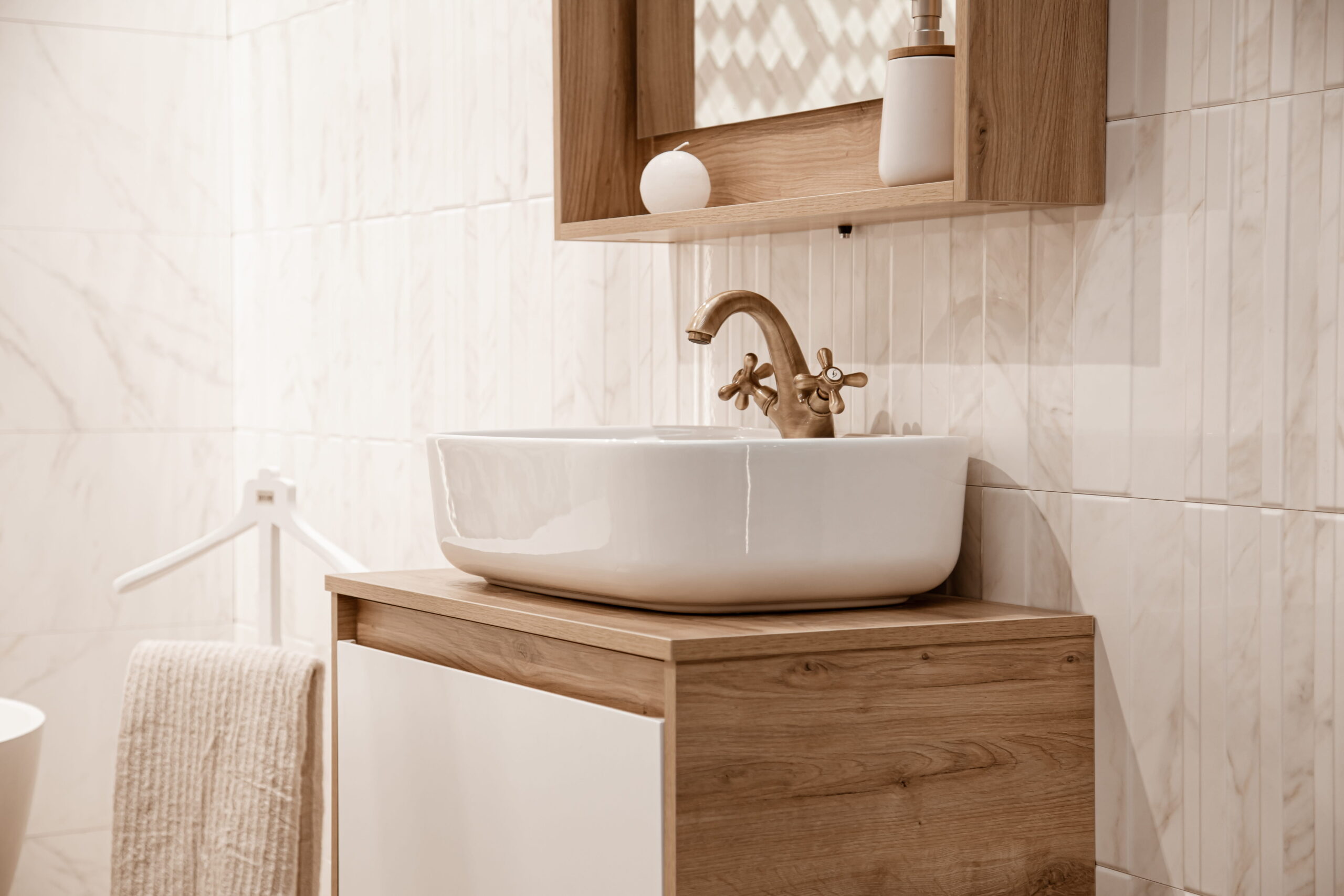 Modern bathroom interior with Floors USA tile wall in warm neutral tones