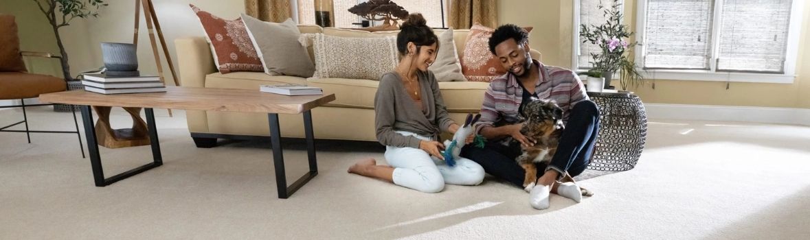 Carpet flooring in warm living room with couple and dog