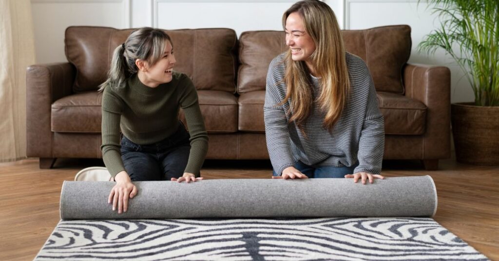 1. Two women are collaboratively rolling up a rug on the floor in a well-lit room.