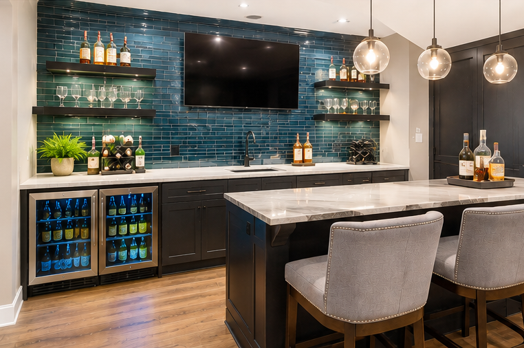 Modern home bar showcasing luxury vinyl plank flooring