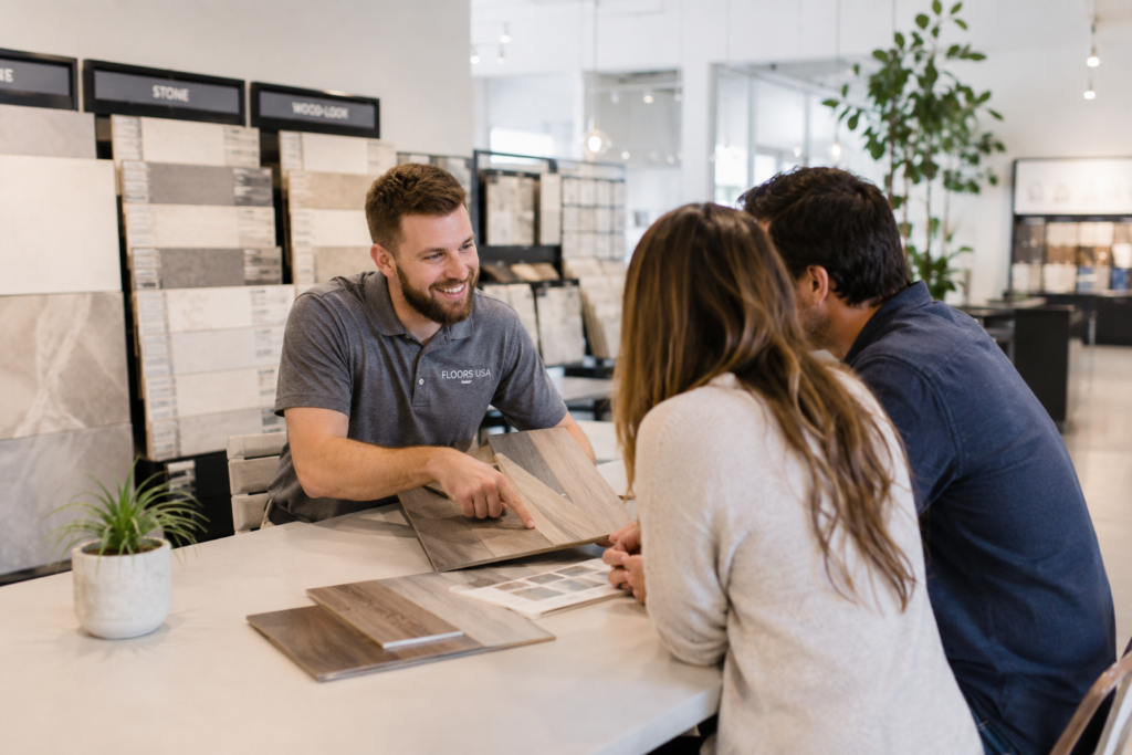 Floors USA showroom consultation showcasing flooring samples