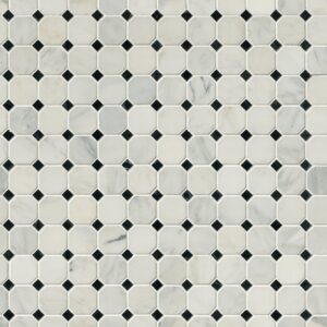 Arabescato Cararra 2" Octagon With Black And White 5/8X5/8 Honed In 12X12 Mesh