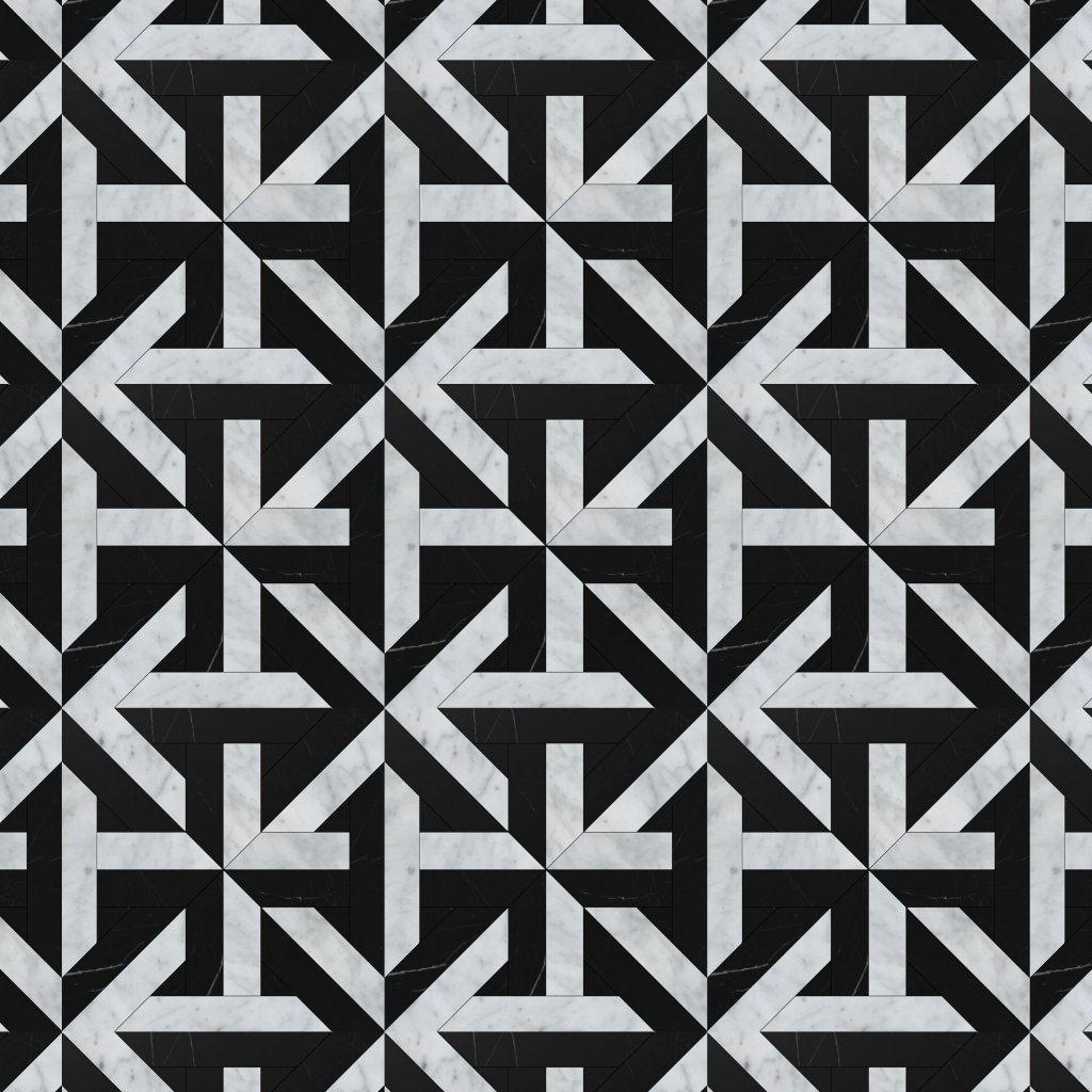 Marble Systems White Carrara, Black Multi Finish Rubicon Marble Mosaic 17x17 - White Carrara, Black