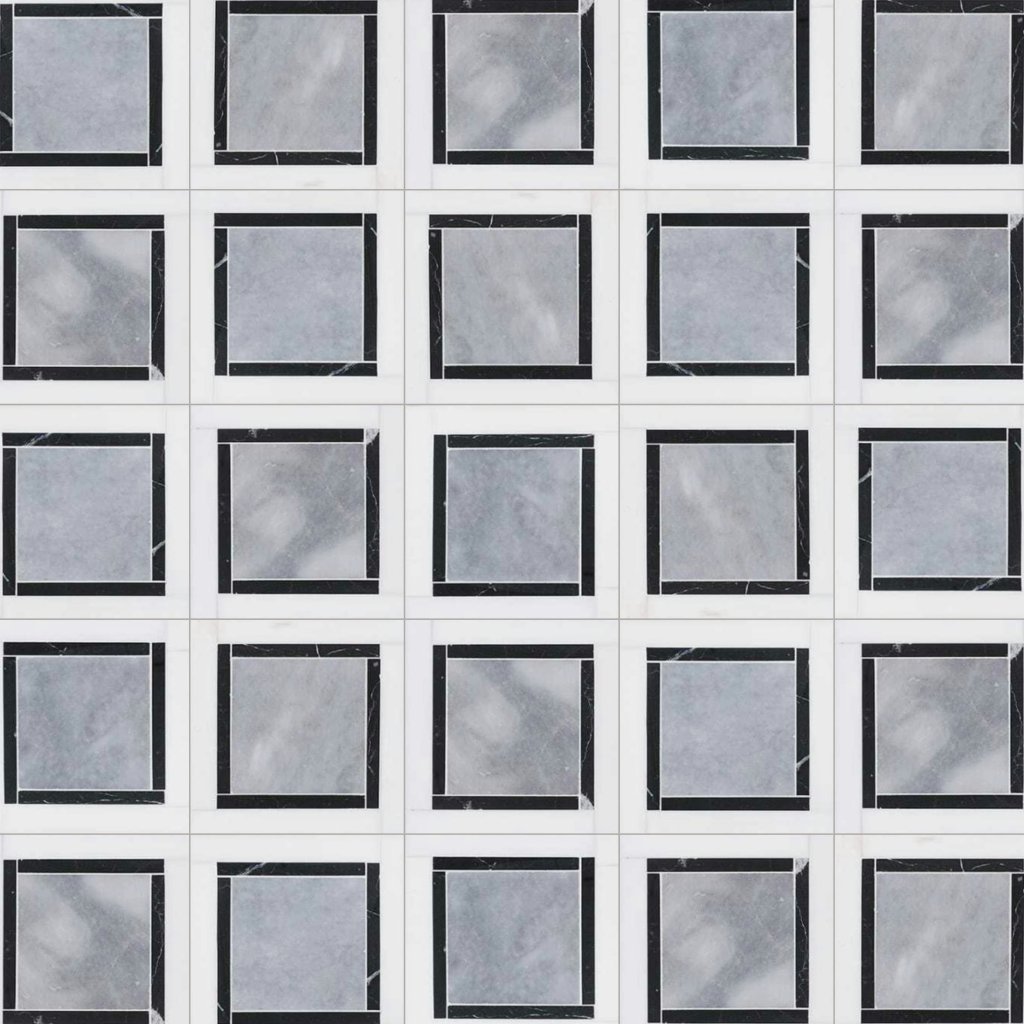 Marble Systems Snow White, Black, Allure Polished Cambridge Marble Mosaic 12x12 - Snow White, Black, Allure