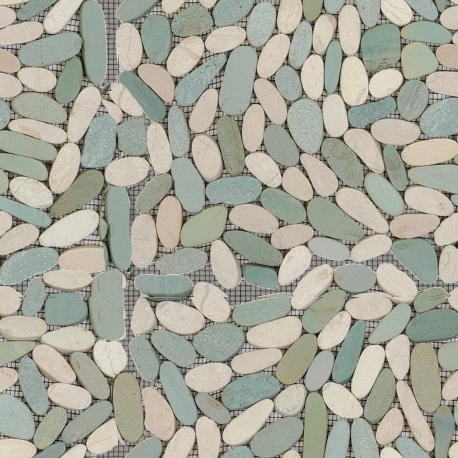 Qualis Ceramica Riviera Tileworks Chelsea Mix White/Green Sliced Matt Pebble Interlocking Mosaic