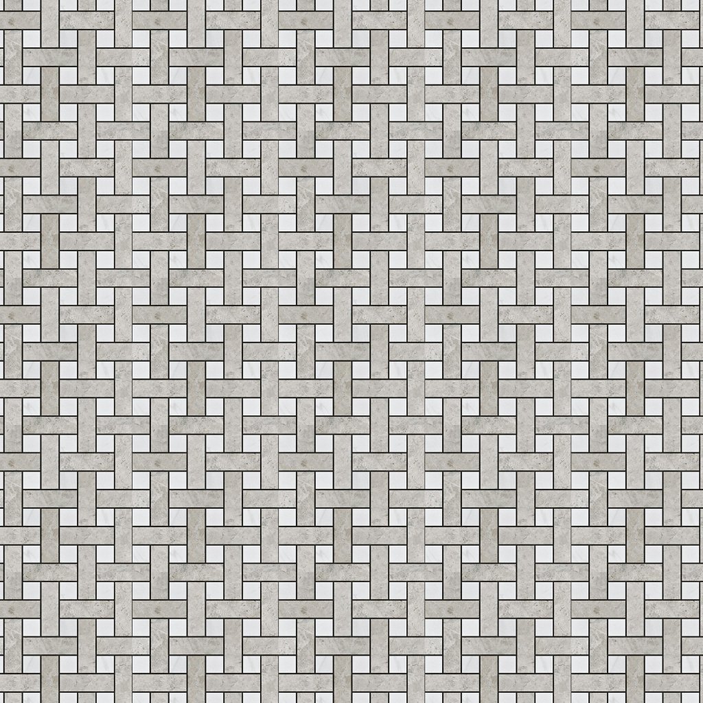 Marble Systems Silver Clouds, Snow White Multi Finish Basket Weave 1x3 Marble Mosaic 12x12 - Silver Clouds, Snow White