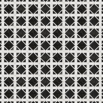 Marble Systems Snow White, Black Multi Finish Kent Marble Mosaic 13 9/16x13 9/16 - Snow White, Black - 13 9/16" x 13 9/16" x 3/8"