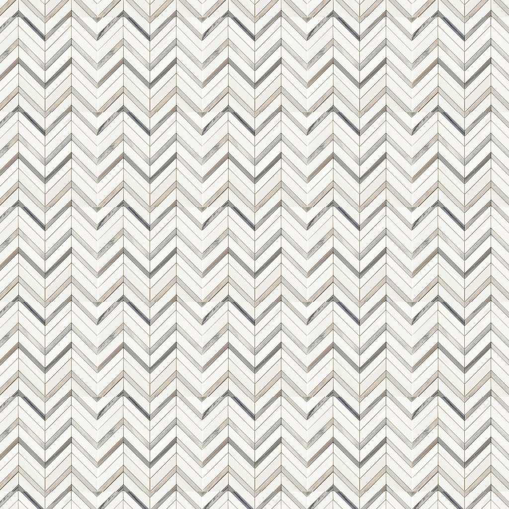 Marble Systems Snow White, Skyline Honed Chevron Fusion Waterjet Marble Mosaic 16x11 7/8 - Snow White, Skyline