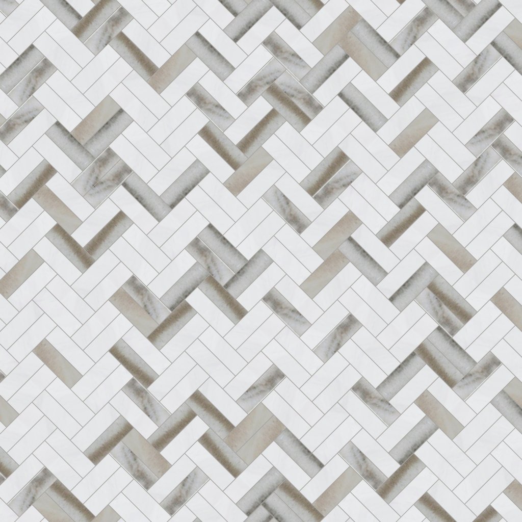 Marble Systems Skyline, Snow White Multi Finish Raya Basket Marble Mosaic 12x12 - Skyline, Snow White