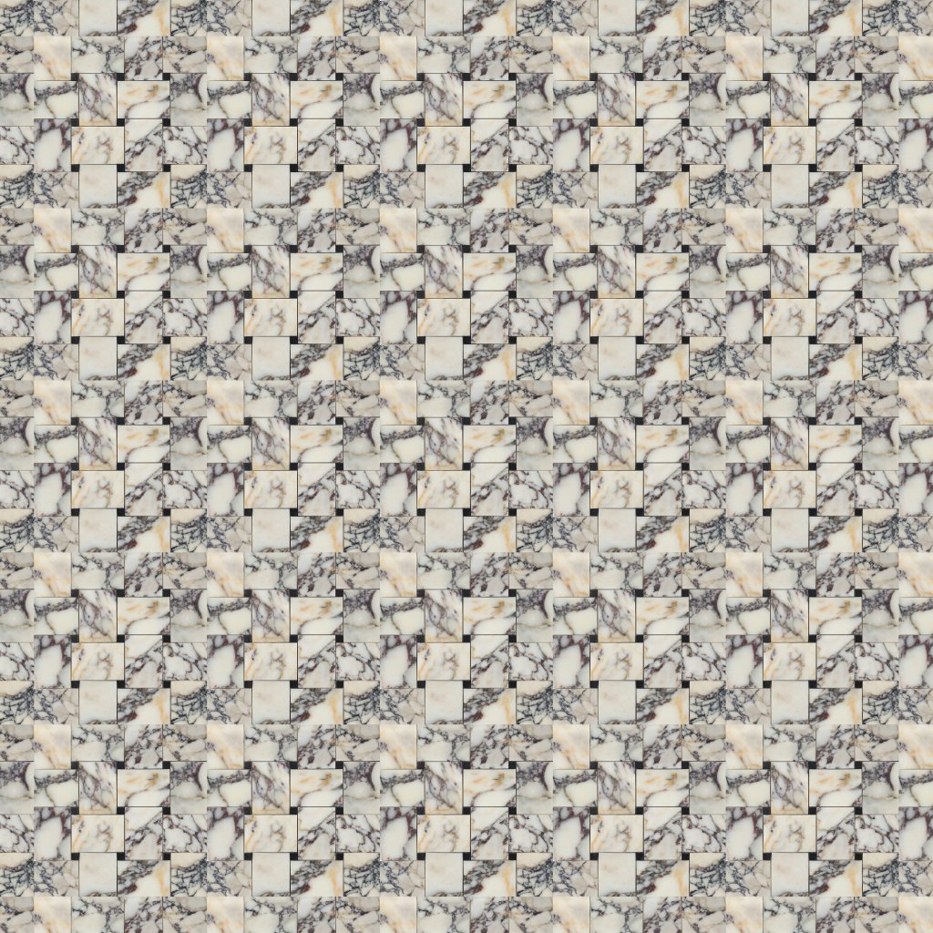 Marble Systems Iris Black, Calacatta Picasso Honed Pinwheel Marble Mosaic 10 5/8x10 5/8 - Calacatta Picasso