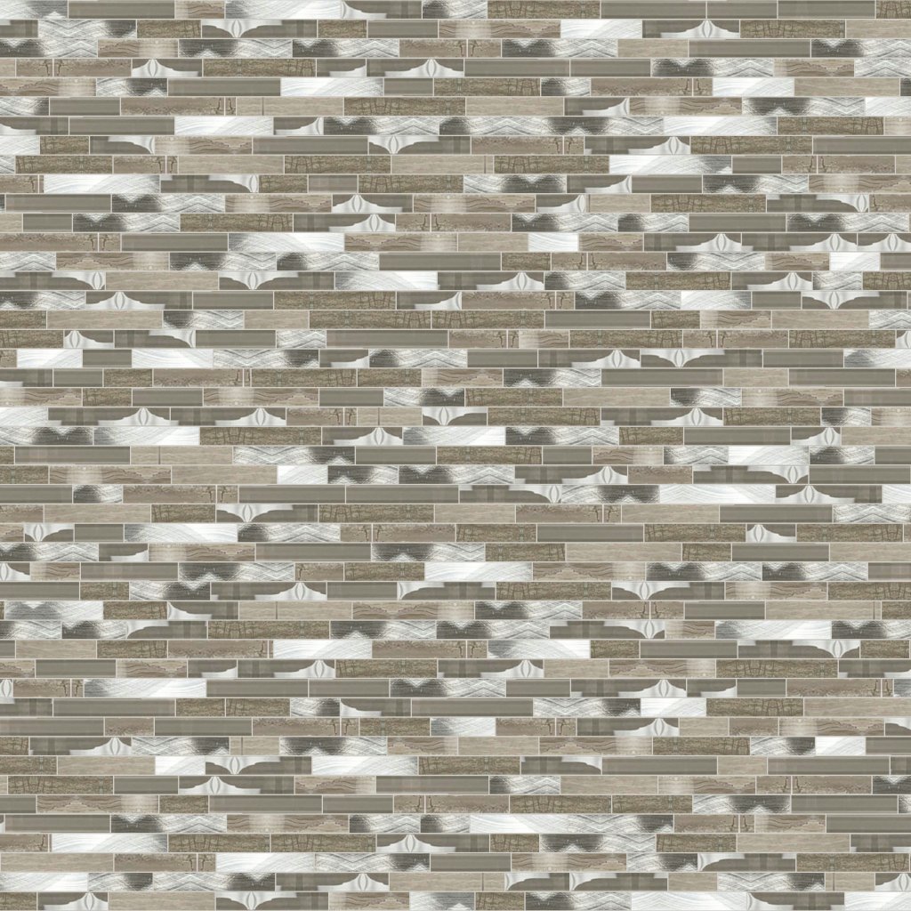 Qualis Ceramica Riviera Tileworks Chelsea Beige Marble Glass Brushed Metal Baguette Interlocking Mosaic