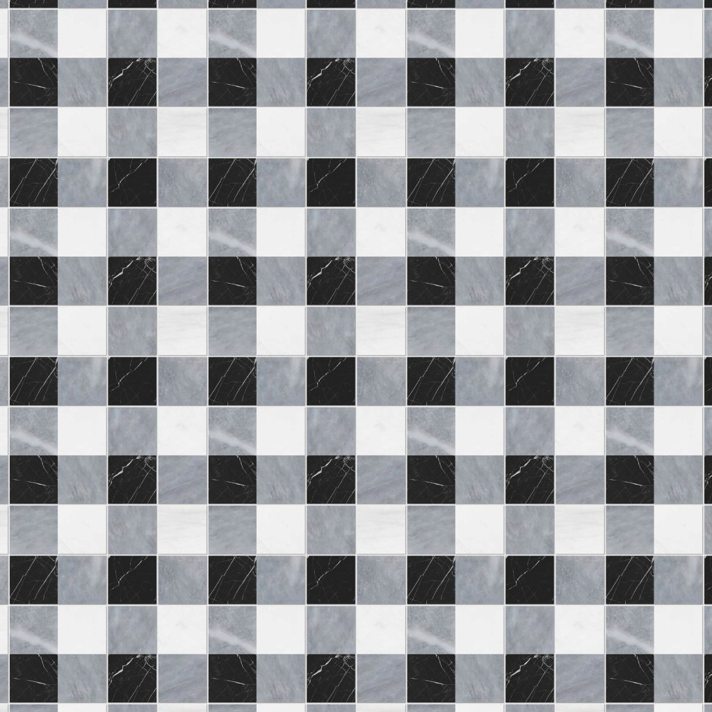 Marble Systems Allure Light, Snow White, Black Honed 4x4 Marble Mosaic 16x16 - Allure Light, Snow White, Black