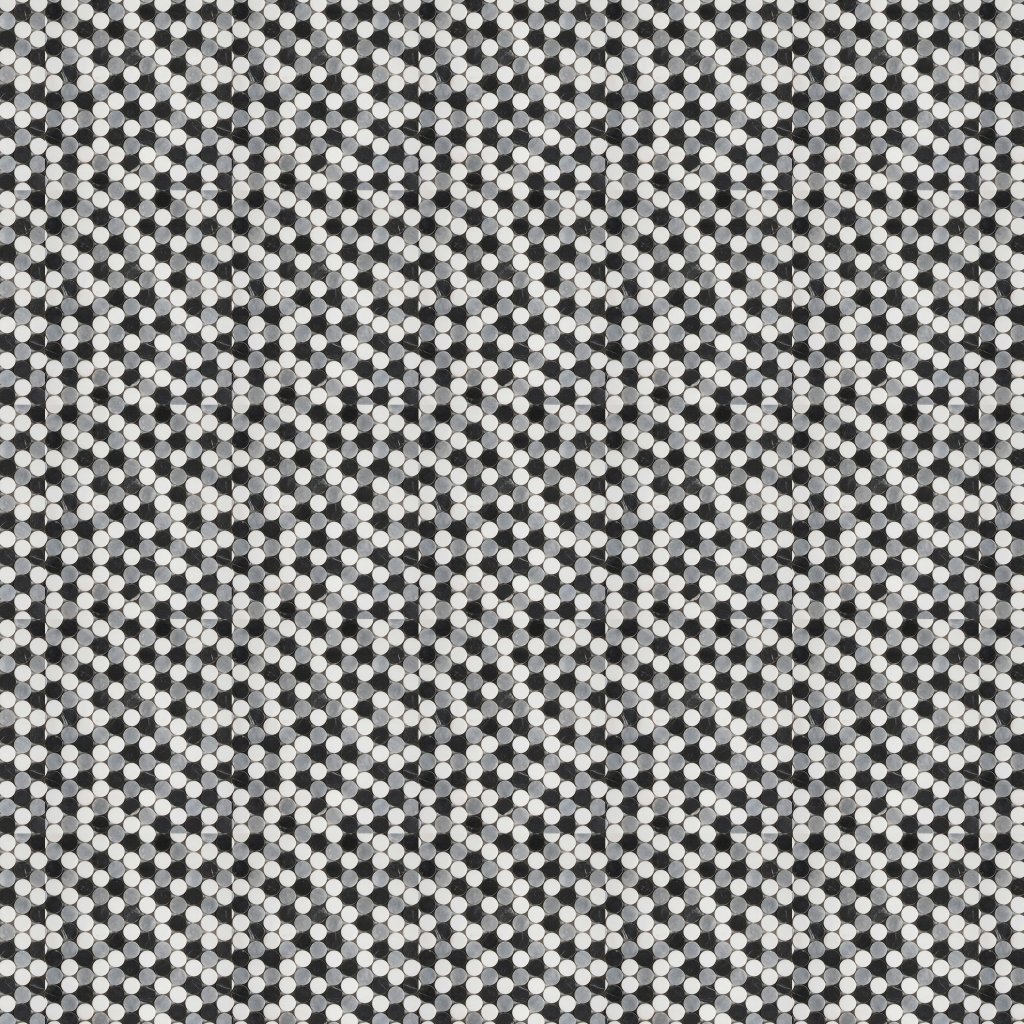 Marble Systems Black, Snow White, Allure Honed Penny Round Marble Mosaic 12x12 - Black, Snow White, Allure