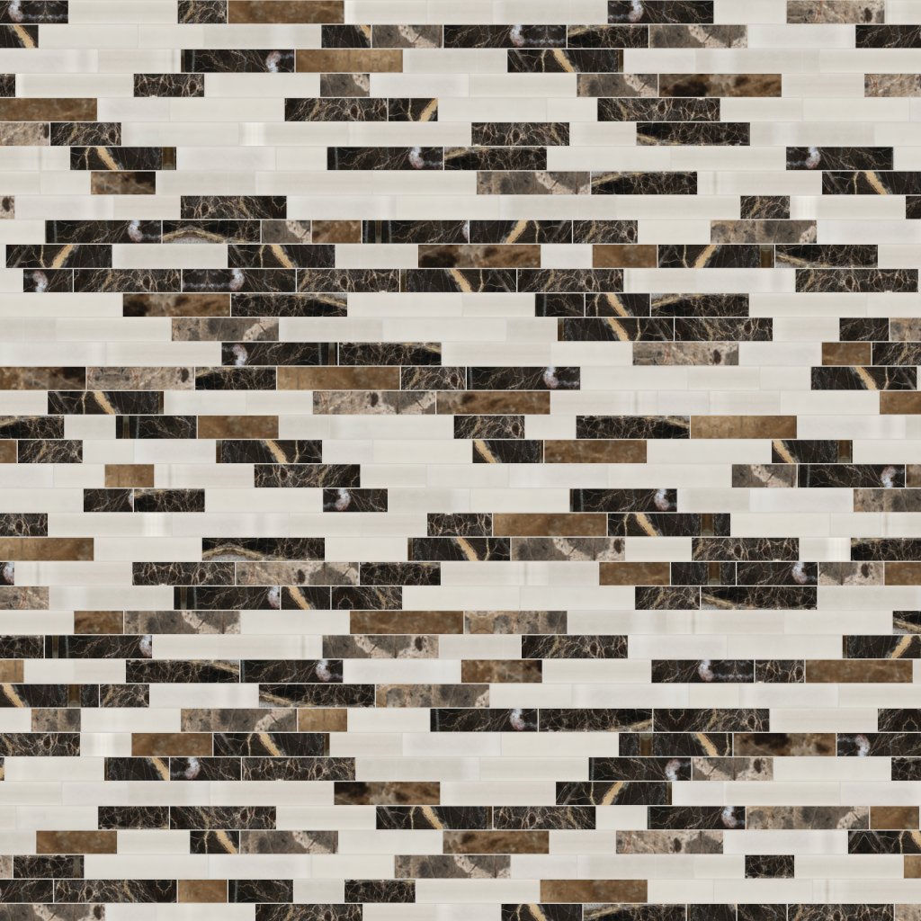 Qualis Ceramica Riviera Tileworks Chelsea Brown Marble Beige Glass Baguette Interlocking Mosaic