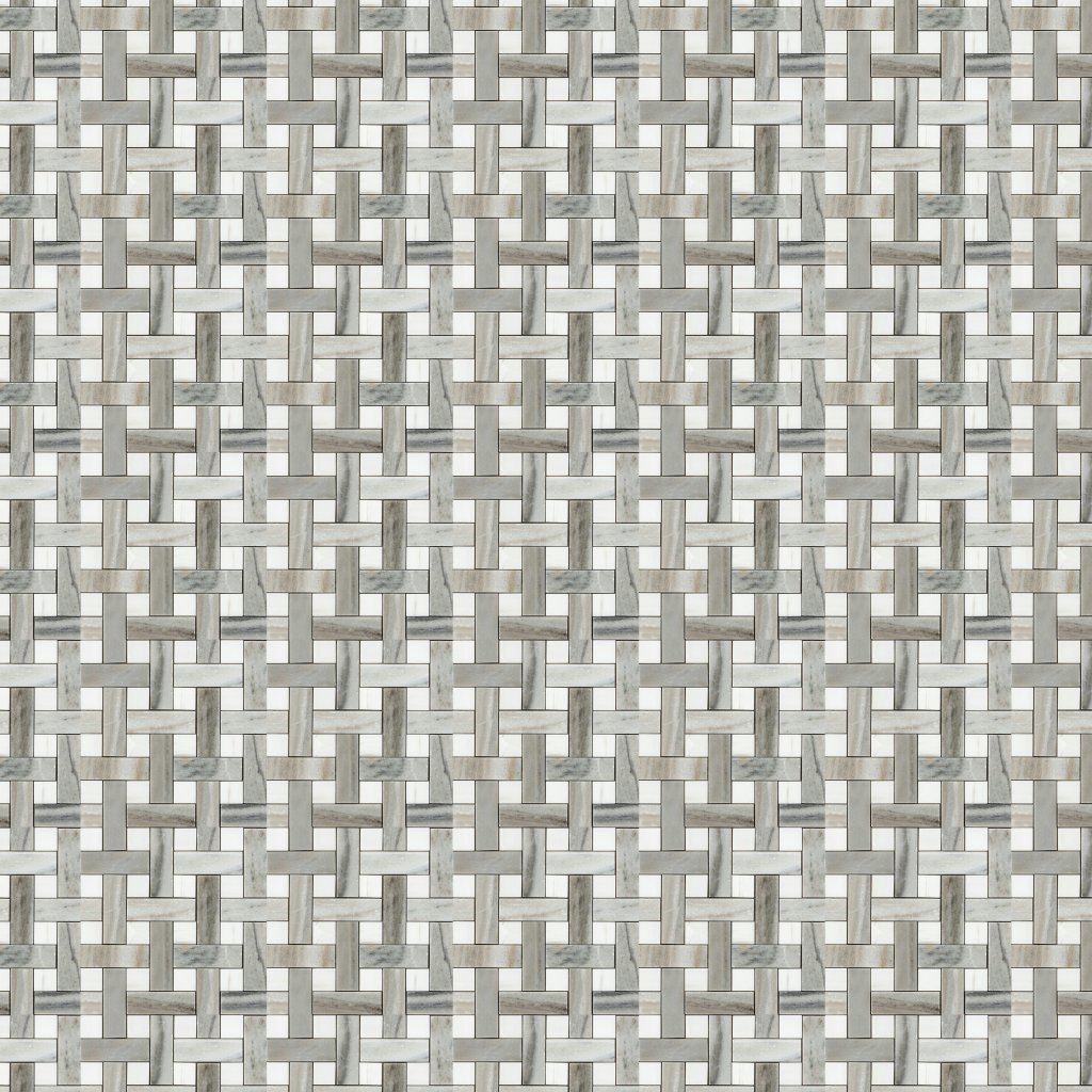Marble Systems Skyline, Snow White Polished Basket Weave 1x3 Marble Mosaic 12x12 - Skyline, Snow White