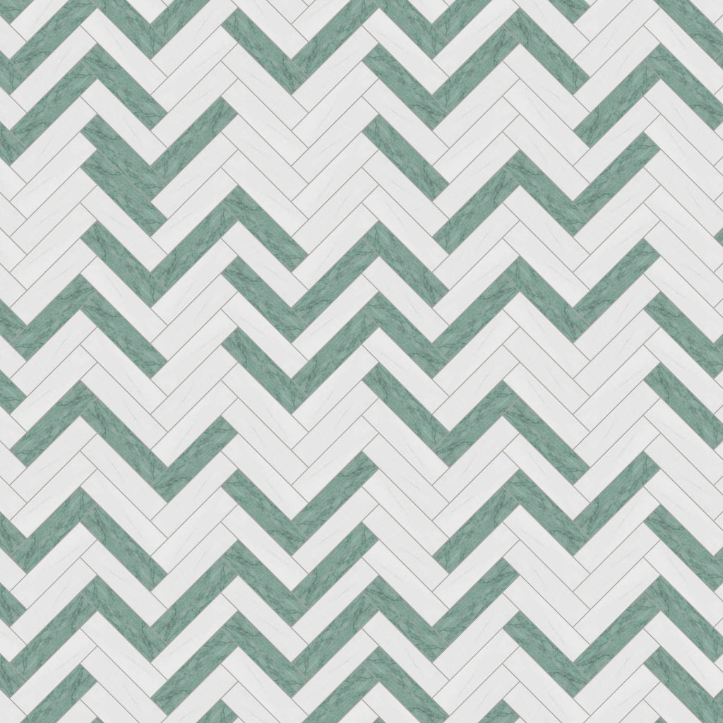 Marble Systems Verde Capri, Snow White Honed Large Herringbone Marble Mosaic 12 7/8x9 11/32 - Verde Capri, Snow White