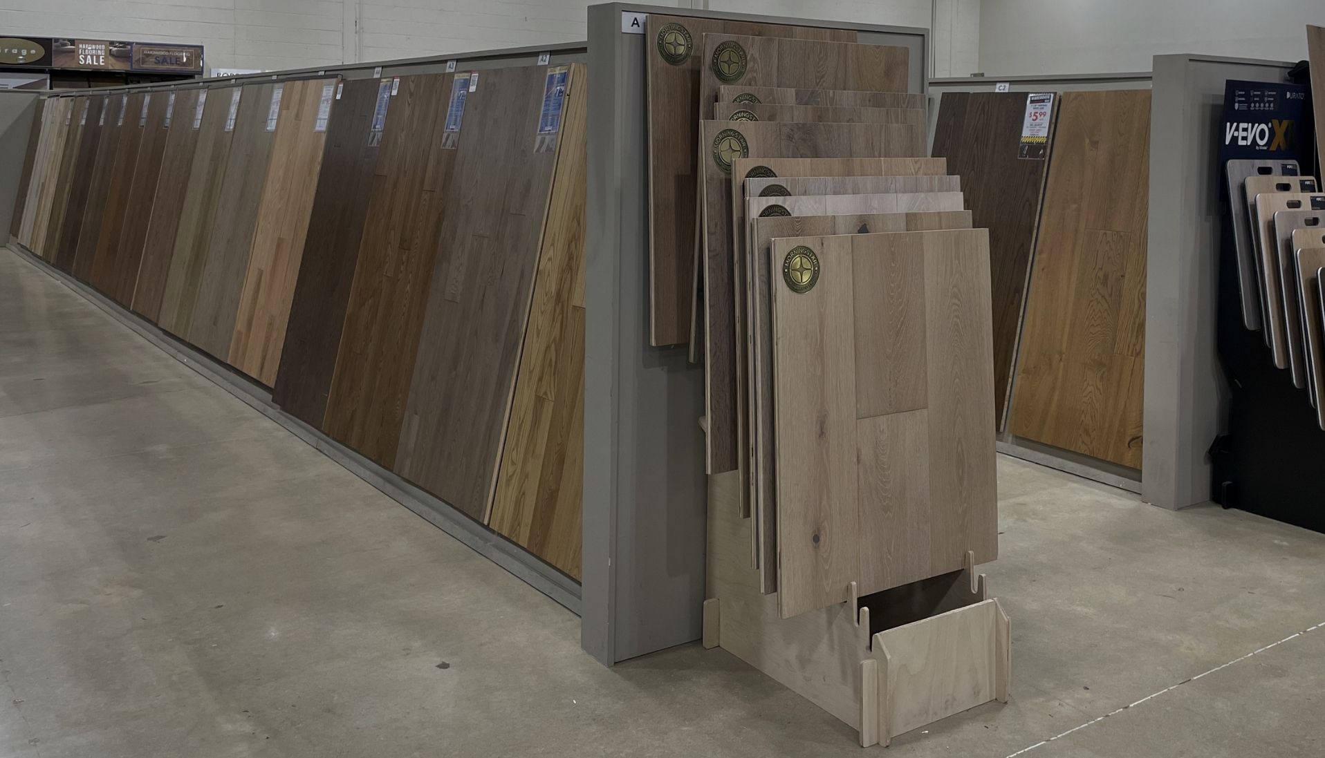 Floors USA showroom display featuring various wood flooring styles.