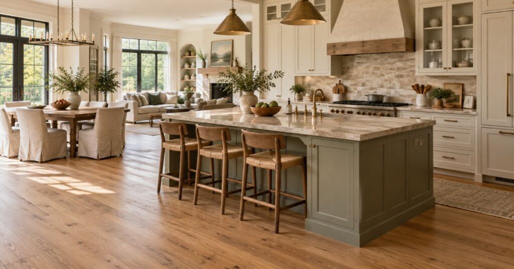 A spacious open kitchen featuring a central island and modern appliances, designed for cooking and entertaining.