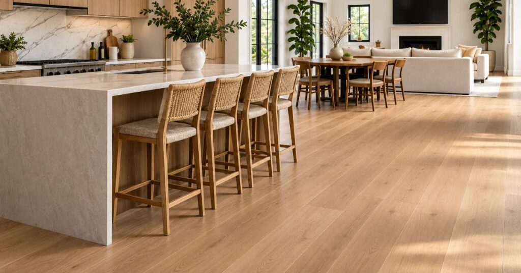 A modern kitchen featuring wooden floors, white walls, and contemporary appliances, creating a bright and inviting atmosphere.