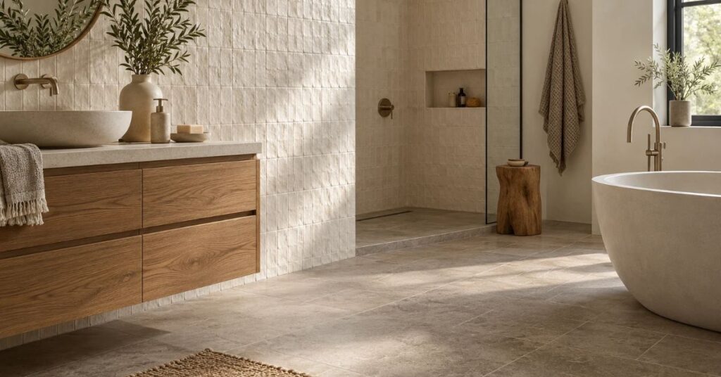 A spacious bathroom featuring a large bathtub and a wooden vanity with a mirror above it.
