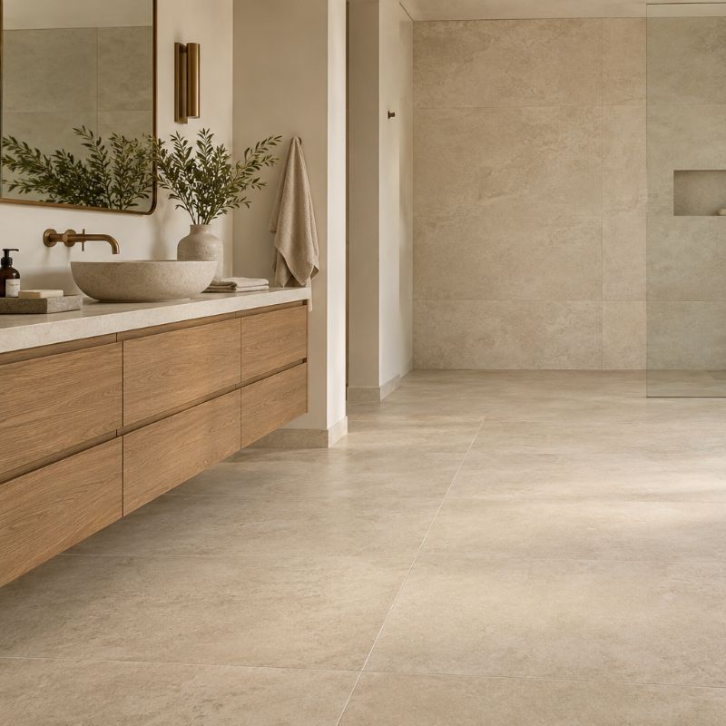 A spacious bathroom featuring a large mirror above a modern sink, with neutral-colored walls and elegant fixtures.