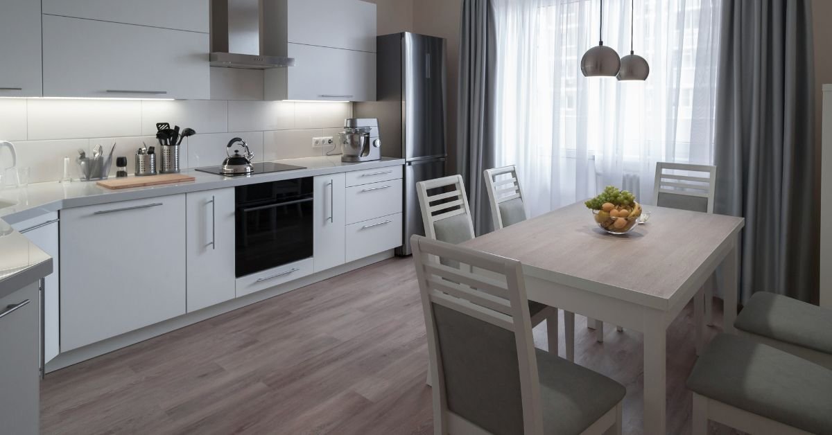Interior. Kitchen Modern, White, Gray, Beige Color