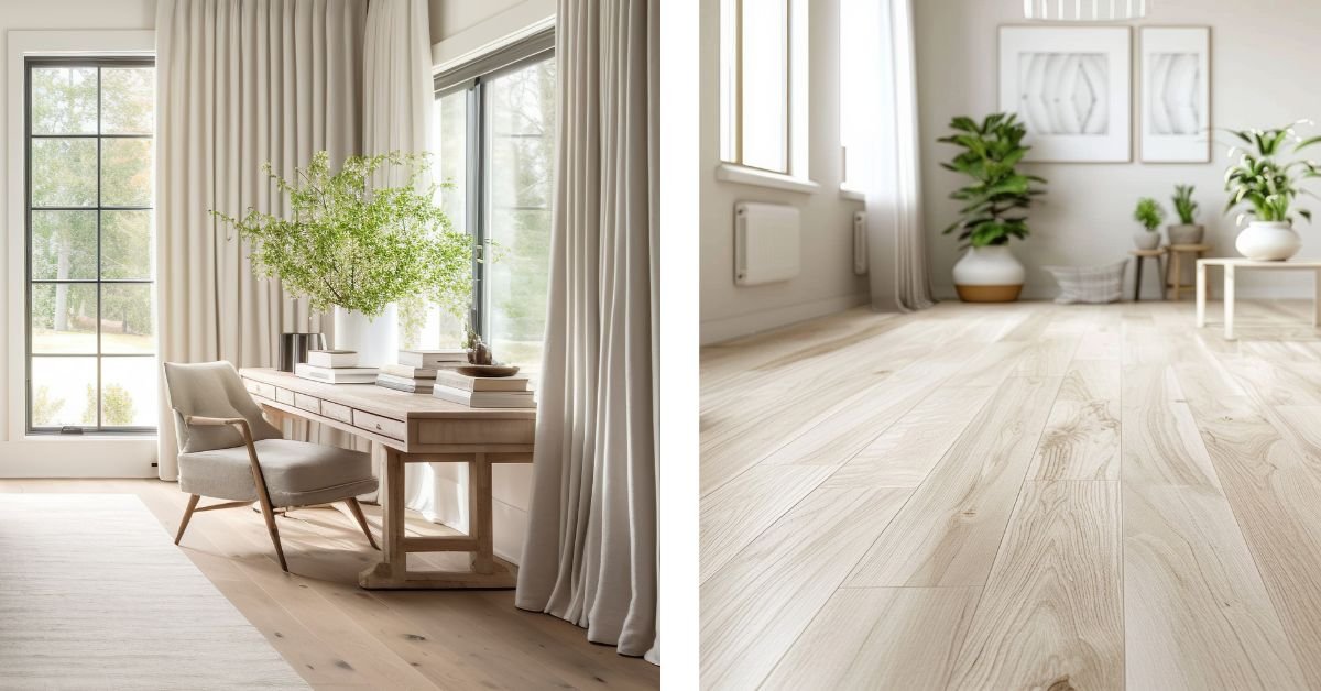 Two images showcasing a living room and bedroom, both featuring elegant wood floors.