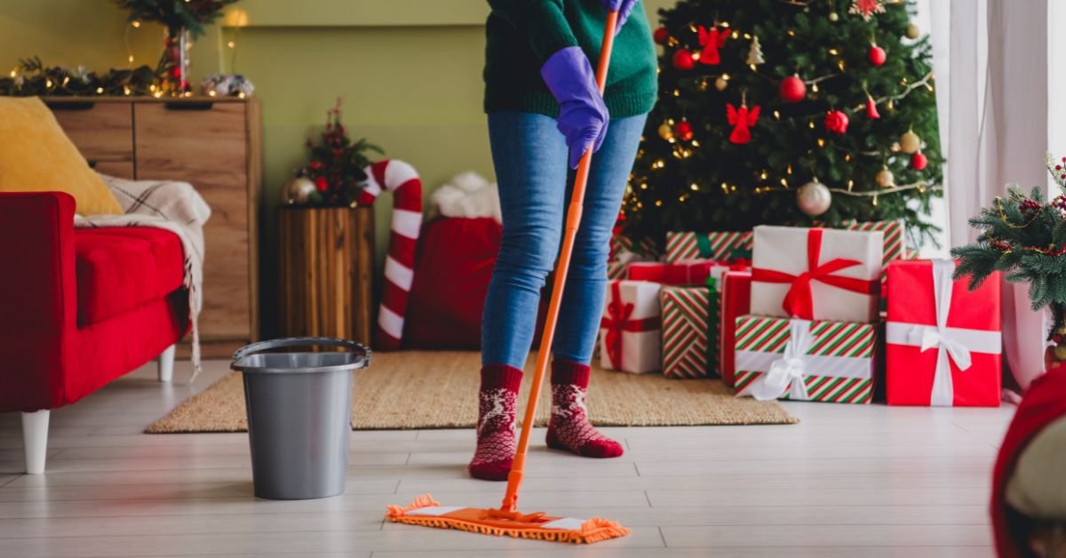 cleaning spill on floor at christmas