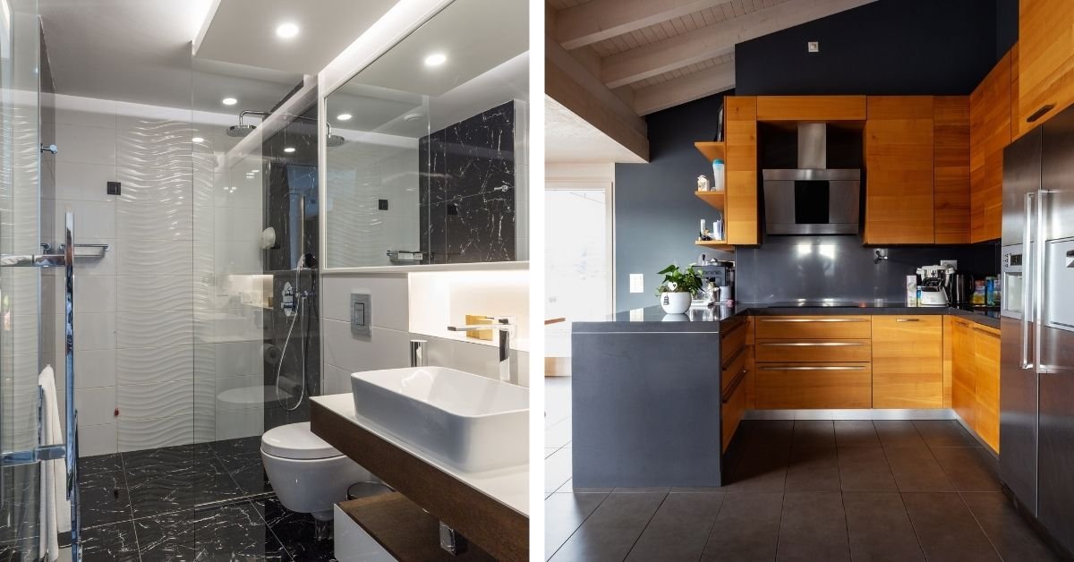 A collection of modern kitchen & bathroom design ideas featuring sleek cabinetry, minimalist decor, and contemporary appliances.