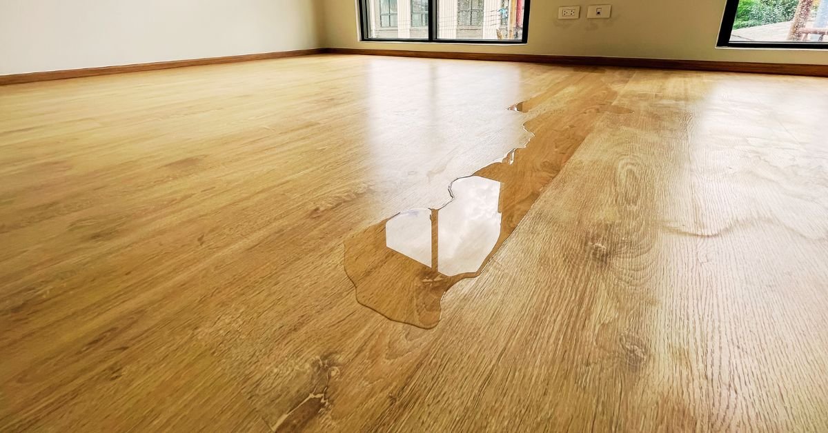 A clear water puddle on a polished wooden floor, showcasing the contrast between the liquid and the wood grain.