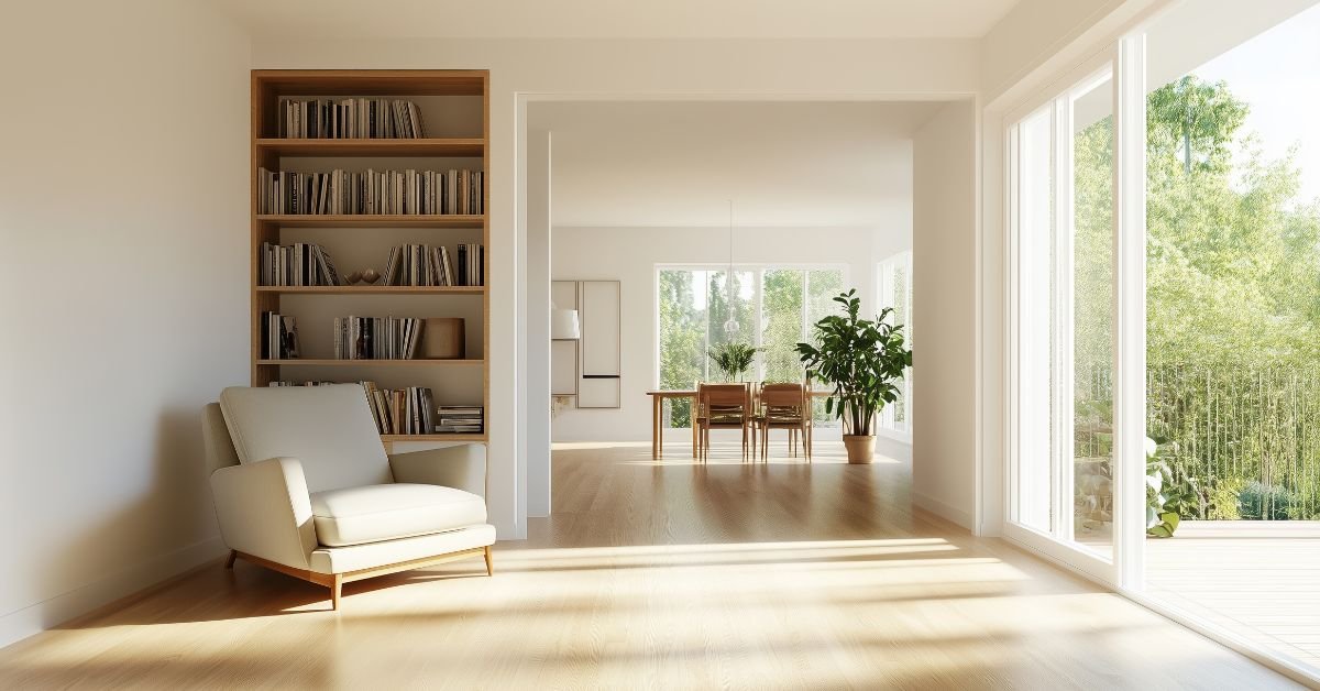 A bright white room featuring a single chair and filled bookshelves against the walls.