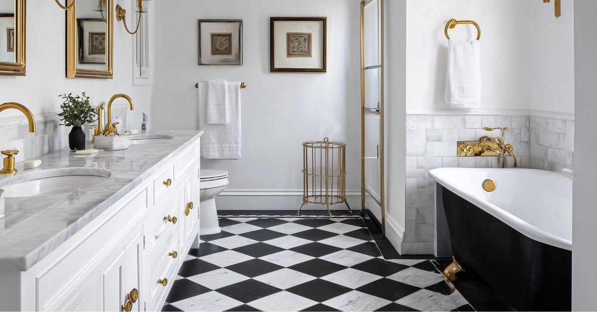 1. A stylish bathroom featuring black and white tiles complemented by elegant gold accents.