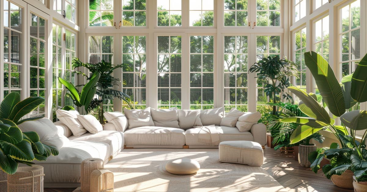 A bright sunroom filled with various plants and comfortable furniture, creating a cozy and inviting atmosphere.