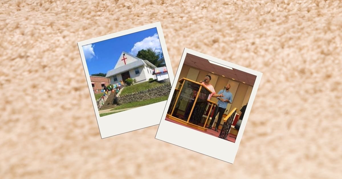 Two images: a man strumming a guitar and a woman standing in front of a house, capturing a lively outdoor moment.