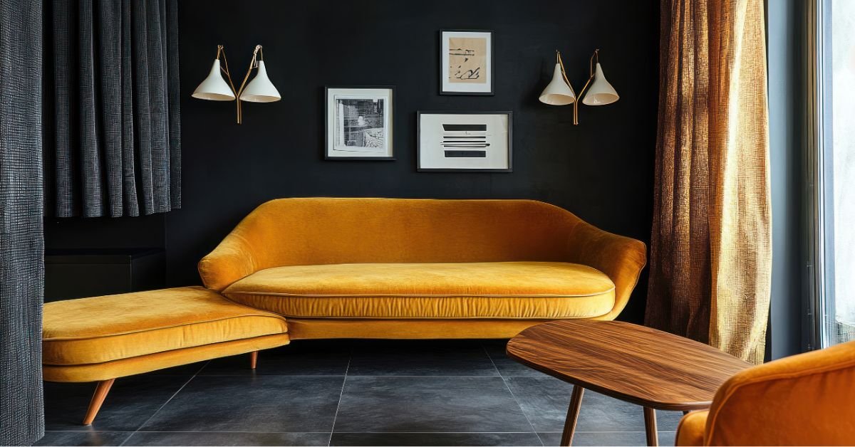 A stylish living room showcasing yellow velvet sofas and a contemporary coffee table, creating a warm atmosphere.