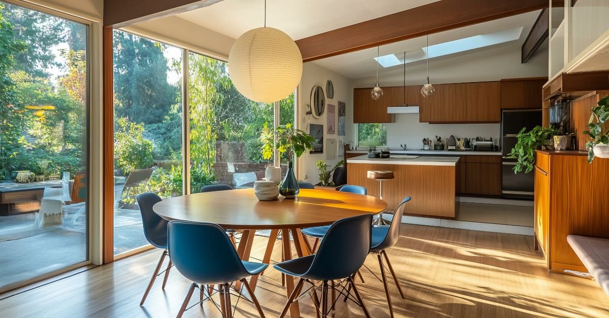 A bright mid-century kitchen and dining room featuring large windows that allow natural light to fill the space.