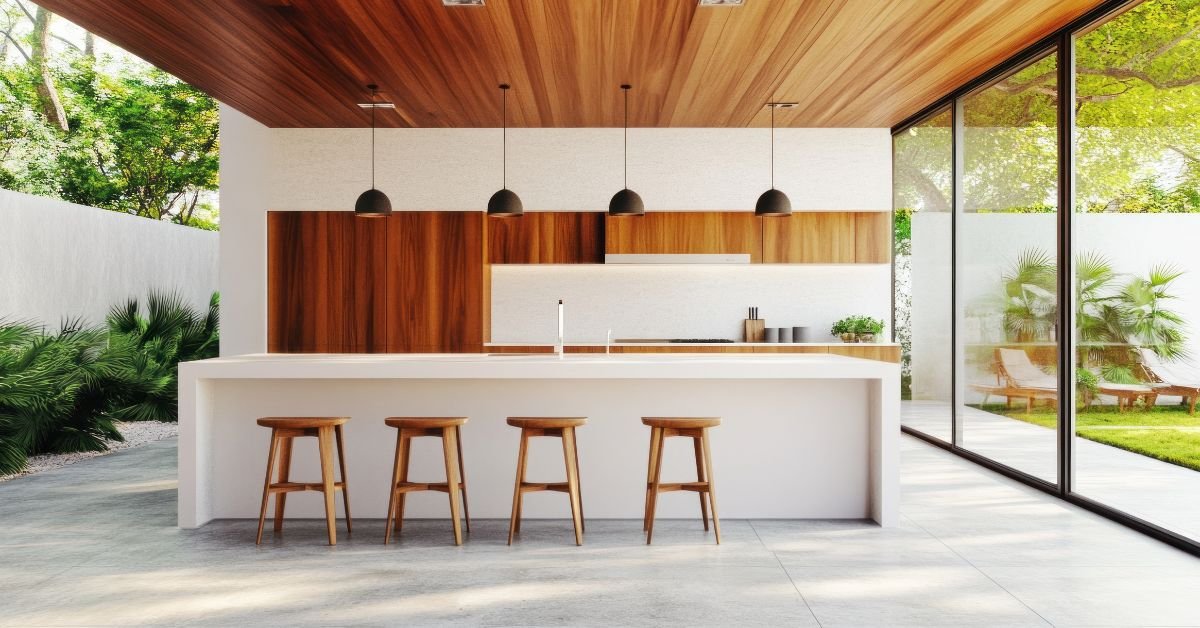 Modern kitchen featuring a wooden ceiling and sleek white walls, creating a bright and inviting atmosphere.