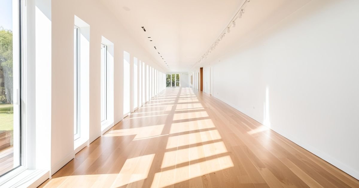 A spacious hallway lined with windows, showcasing beautiful wood floors that enhance the room's warmth.