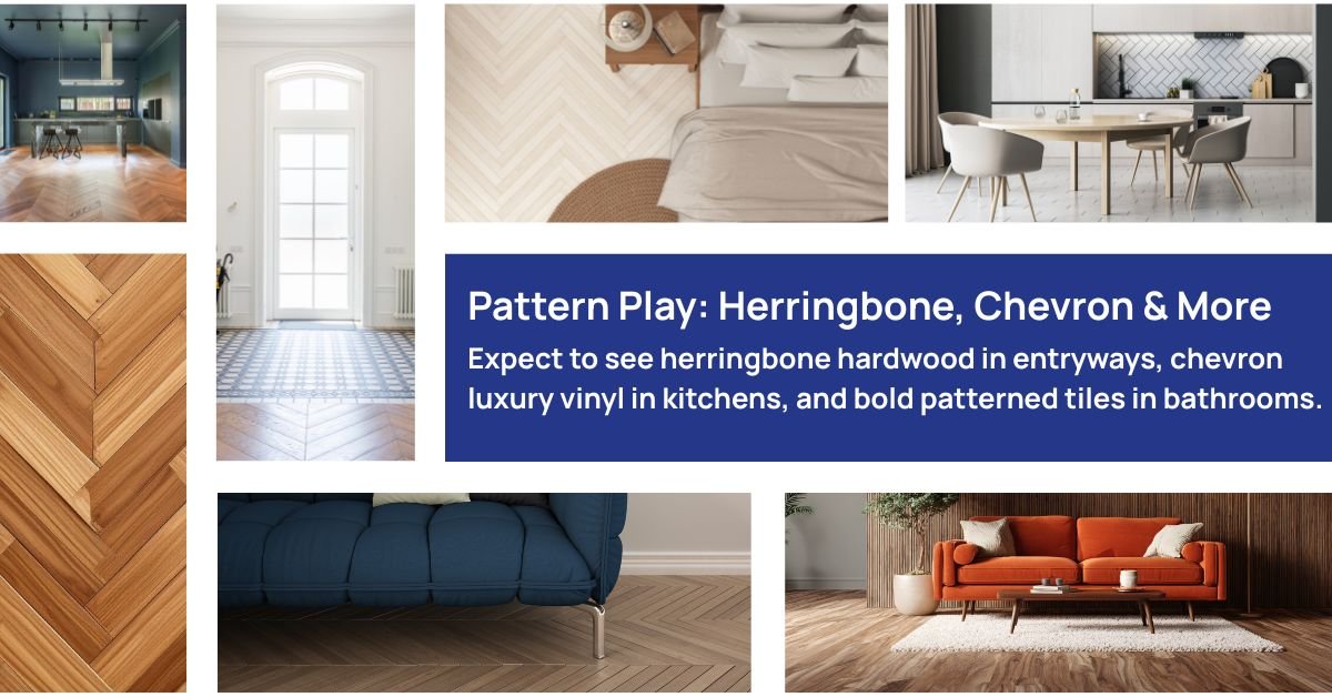 A collection of textile patterns featuring herringbone, chevron, and other geometric designs in various colors.