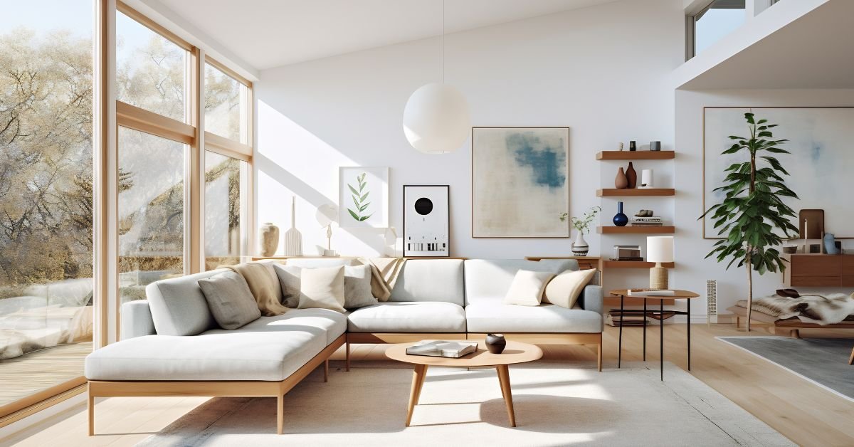 A modern living room featuring large windows that allow natural light and elegant luxury vinyl plank floors.