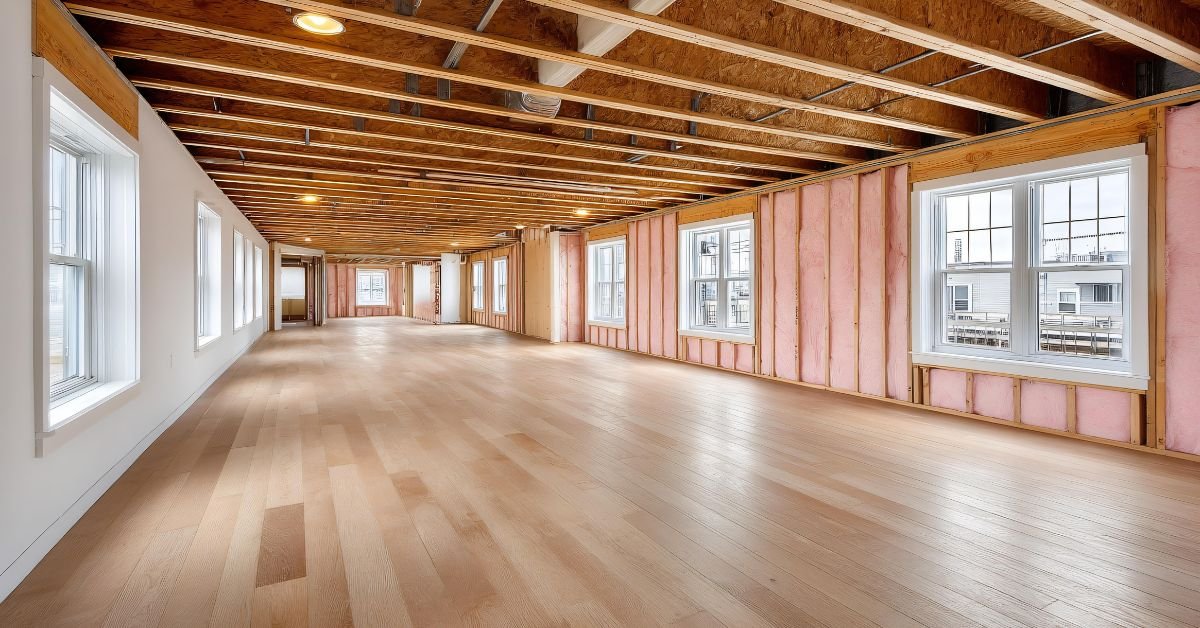 A vacant room with polished wood floors and visible wooden beams, highlighting its rustic charm.