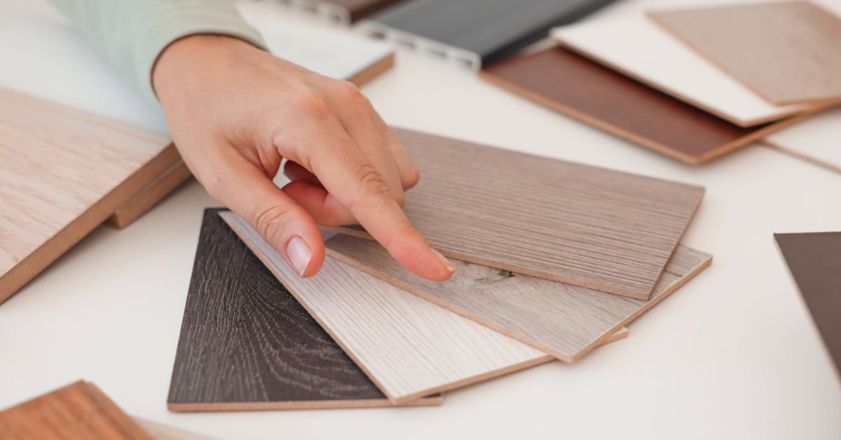 Woman examining various wood flooring samples in a home improvement store.