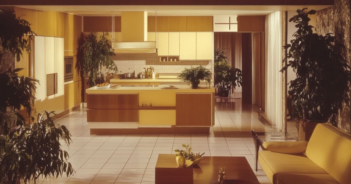 A modern mid-century kitchen with vibrant yellow cabinets and a central table, showcasing a warm and welcoming design.
