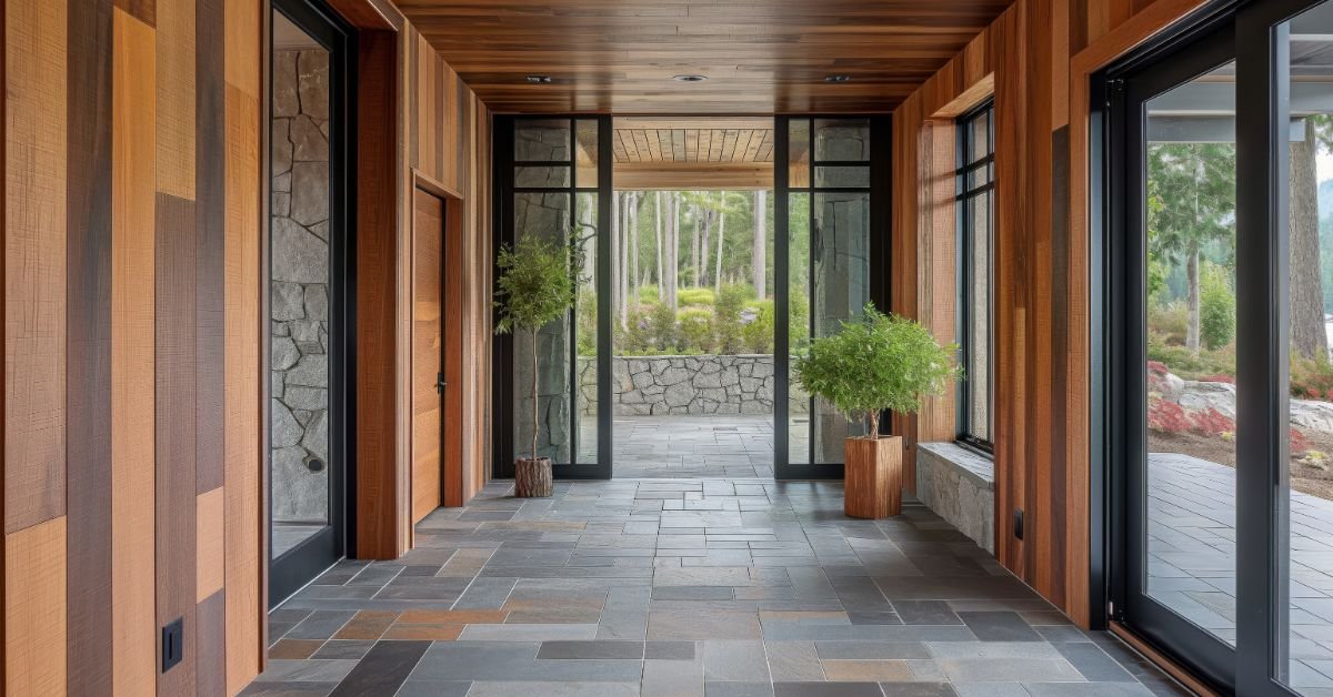 A hallway featuring wooden walls and a large window allowing natural light to illuminate the space.
