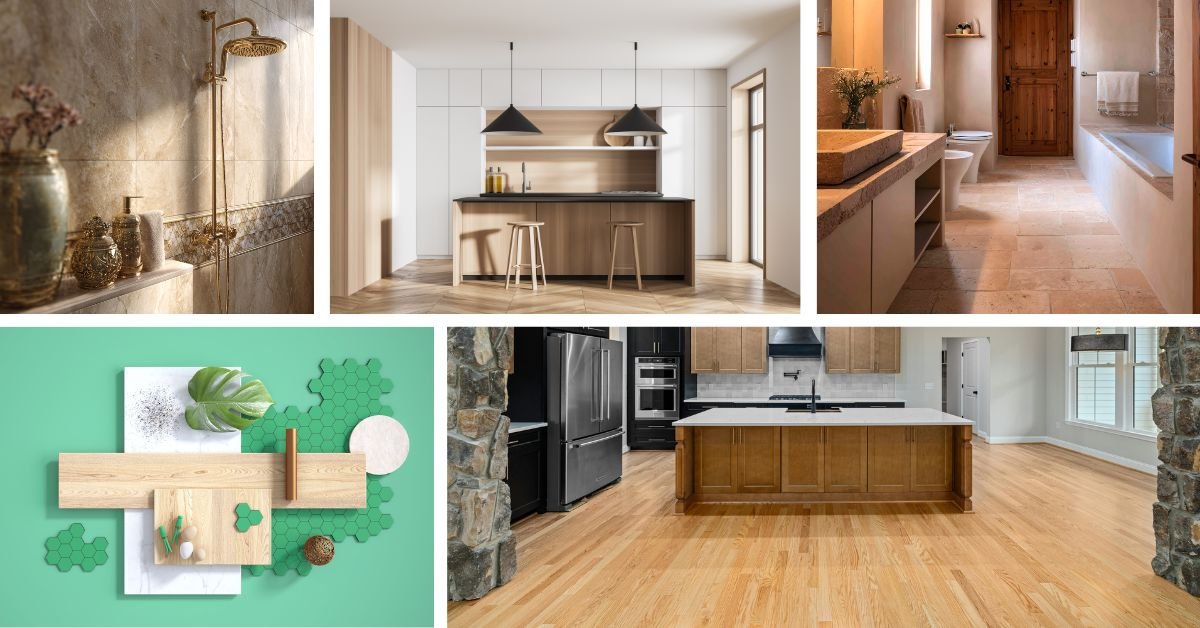 A collage showcasing various types of wood flooring, highlighting different colors, textures, and patterns.