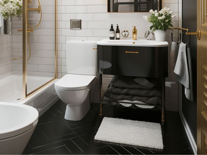 beautiful small bathroom with black pattern tile