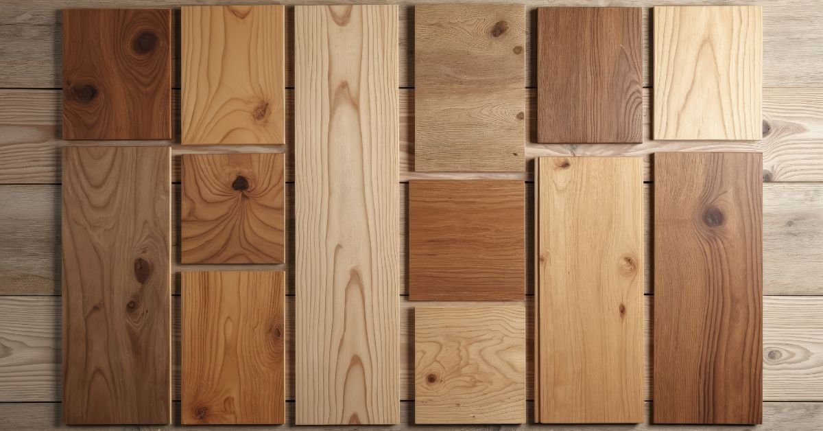 A collection of various wood boards showcasing different types, colors, and textures arranged neatly.