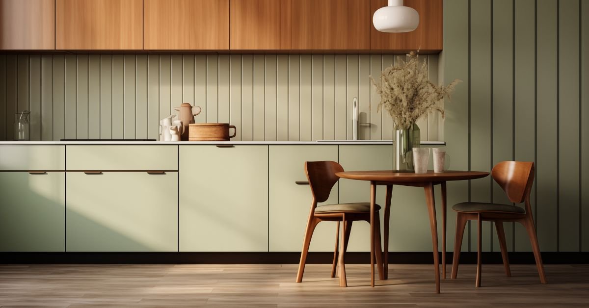 A mid-century kitchen featuring green cabinets and warm wooden floors, creating a cozy and inviting atmosphere.
