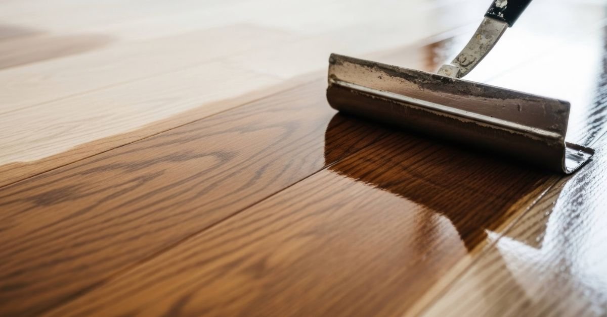 A person painting a wood floor with a paint roller, focused on applying an even coat of paint.