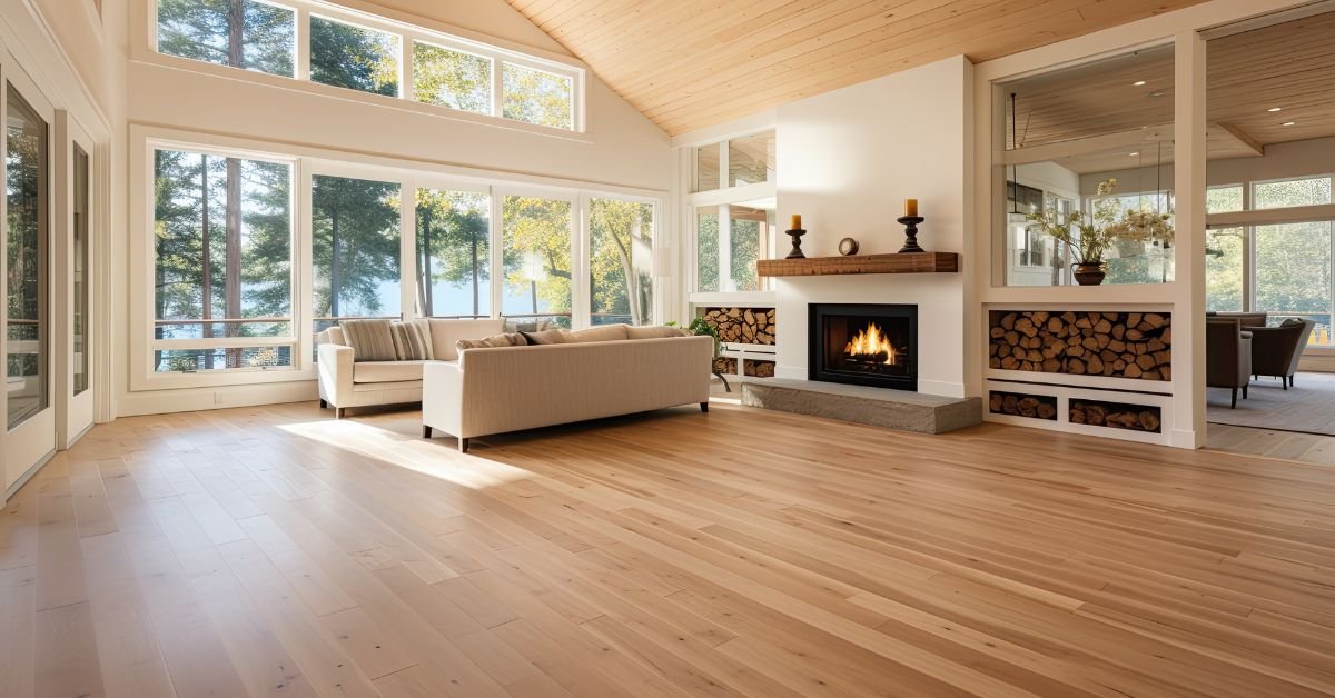 A spacious living room featuring wood floors and a cozy fireplace, creating a warm and inviting atmosphere.